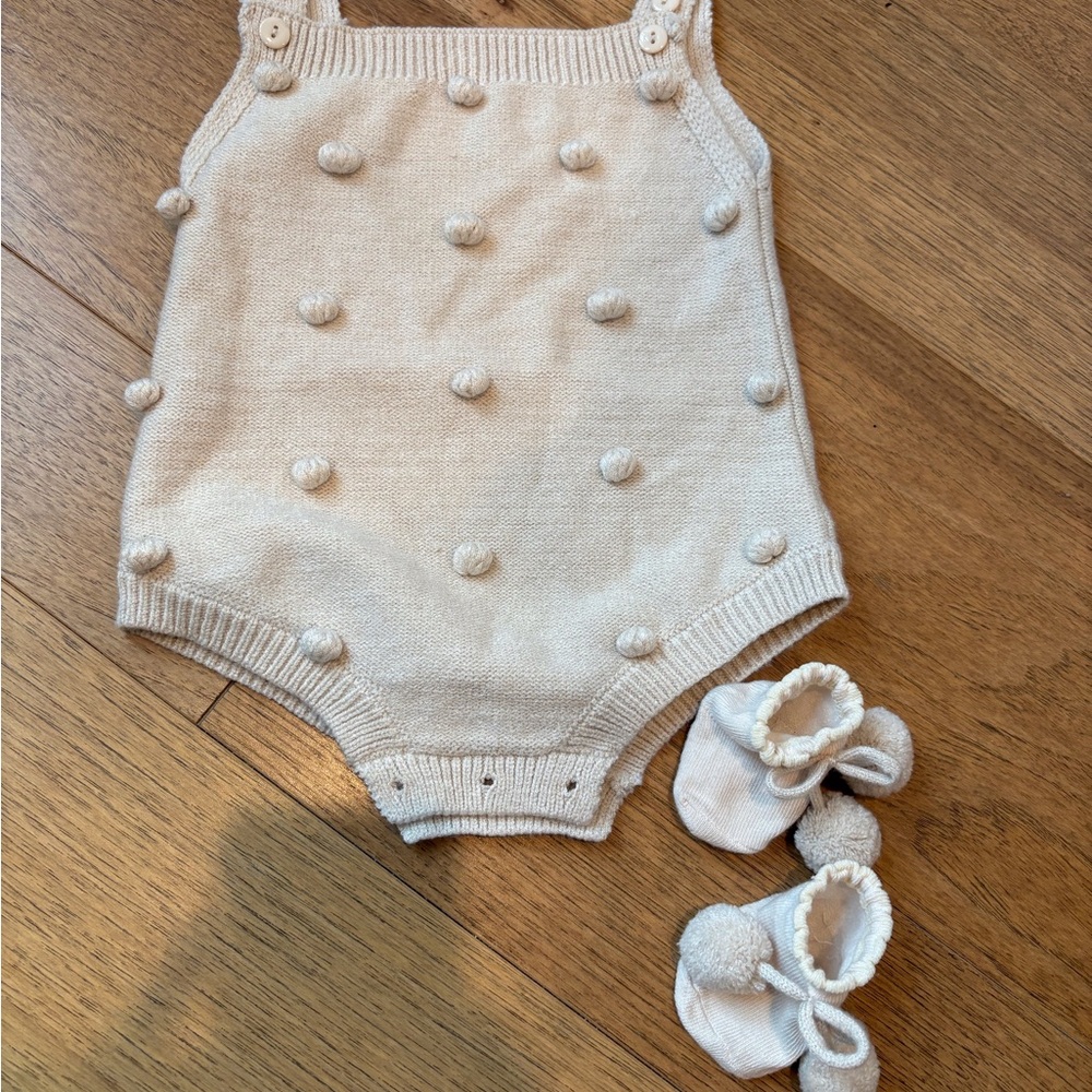 Cream Knit Baby Romper with Booties